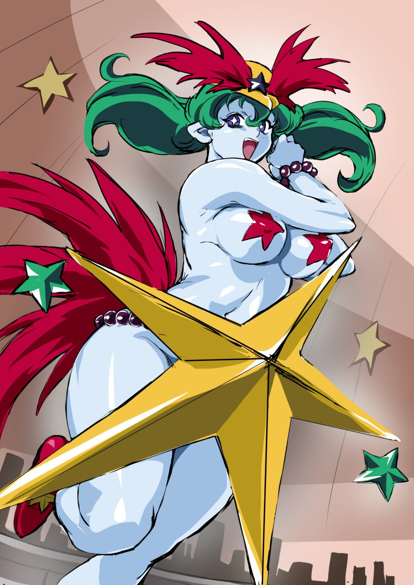 1girls 2020 bishoujo_senshi_sailor_moon blue_eyes blue_skin bracelet breasts bright_pupils colored_skin cowboy_shot curvy death_busters demon_girl green_hair hi_res highres indoors jewelry large_breasts long_hair looking_at_viewer mamesi-ii mamesi_(suhk8583) medium_breasts naughty_face pasties pointy_ears red_footwear revealing_clothes shiny_skin shoes smiling smiling_at_viewer solo standing standing_on_one_leg star-shaped_pupils star_(symbol) star_pasties symbol-shaped_pupils thighs twintails u-chouten wide_hips yellow_headwear