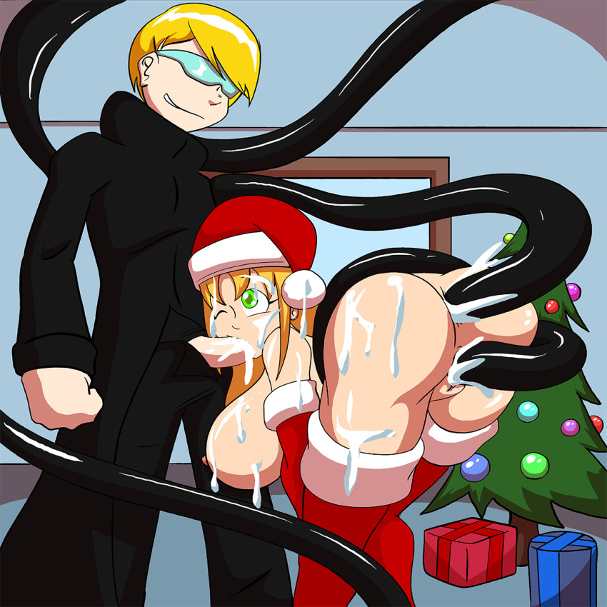 anal big_breasts blonde_hair breasts christmas cum cum_everywhere cum_in_ass cum_in_hair cum_in_pussy cum_on_breasts cum_on_face dahs fellatio green_eyes hair igocu knightsnipe leggings messy oral santa_hat tentacle ucogi vaginal_penetration