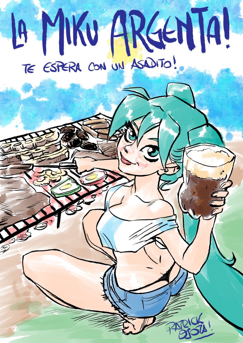 1girls argentina argentine_flag argentinian_miku artist_name asado ass_cleavage barefoot blue_eyes blue_hair butt_crack cooking crop_top down_blouse hatsune_miku holding_object latin_american_hatsune_miku_(meme) loose_clothes off_shoulder patrickabrazos short_shorts shorts smirk soccer soccer_uniform squatting thong twintails vocaloid watermark