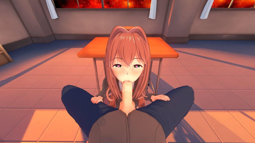 1boy 1girls 3d big_penis blowjob brown_hair classroom doki_doki_literature_club female gomgom green_eyes heart-shaped_pupils human human_only koikatsu light-skinned_female light-skinned_male light_skin looking_at_viewer male male/female monika_(doki_doki_literature_club) penis pov school_uniform student