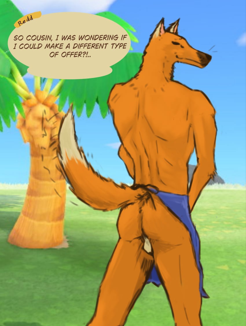 animal_crossing anthro ass back_muscles backballs canid canine canis canis_anus clothed clothed/nude clothing crazy_redd dipstick_ears dipstick_tail ear_markings fox fur gloves_(marking) happy hi_res human human_on_anthro interspecies leg_markings male male/male mammal markings multicolored_ears nintendo nude offer offering_sex offering_to_viewer orange_body orange_fur partially_clothed presenting presenting_hindquarters raised_tail shy socks_(marking) solo tail tail_markings tail_motion tailwag villager_(animal_crossing)