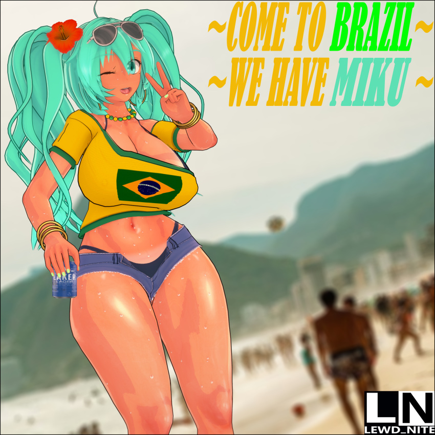 1girls beach beer_can blurry_background brazil brazilian brazilian_female brazilian_miku hatsune_miku latin_american_hatsune_miku_(meme) lewd_nite light-skinned_male light_skin peace_sign smiling tagme teal_hair vocaloid wink