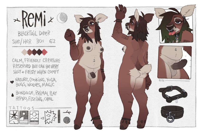 2024 absurd_res anthro anthro_only areola balls biped breasts deer ear_piercing ears_up english_text erection facial_piercing forked_tongue futa_only genitals gynomorph hair hi_res hooves intersex long_hair lundi mammal model_sheet navel navel_piercing nipples nose_piercing nude penis piercing pronouns remi_(lundi) solo standing tattoo text tongue tongue_piercing