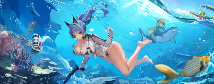 3girls big_breasts blush breasts cleavage clothed clothing female female_focus female_only fish hido_(cherryhido) sea seaside tagme tagme_(character) tagme_(series) underwater water wet