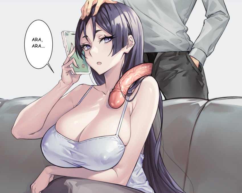 1boy bare_shoulders blush breasts camisole cellphone cleavage commentary couch covered_nipples dynamitenatalia fate/grand_order fate_(series) female hashtag-only_commentary highres large_breasts long_hair looking_at_viewer minamoto_no_raikou_(fate) open_mouth parted_bangs penis phone purple_eyes purple_hair straight uncensored very_long_hair white_camisole