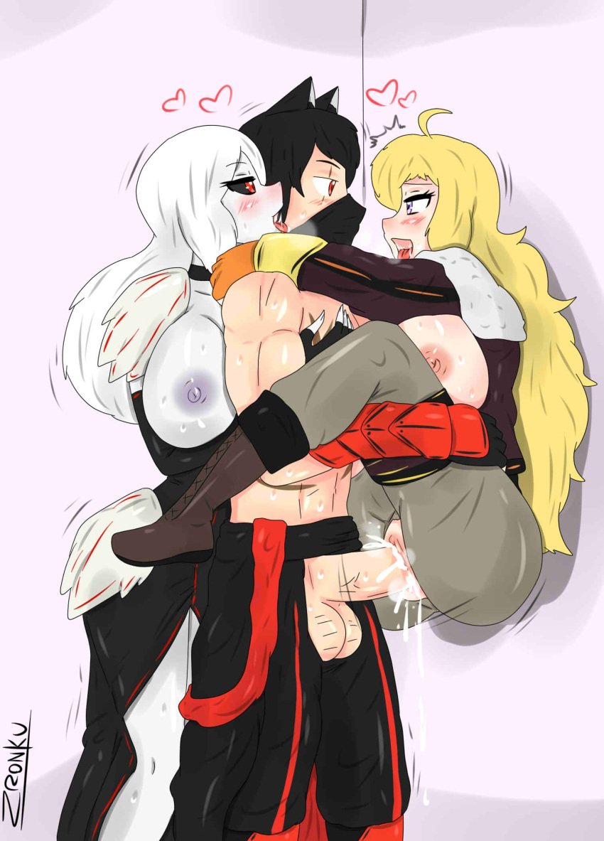 1boy 2girls big_breasts black_hair black_sclera blonde_hair breasts_out cat_ears clothed ffm_threesome grimm_(rwby) hugging_from_behind jin_satou laura/kino licking_face ninja_mask original_characters purple_eyes red_eye red_eyes rwby scar_across_eye scars_all_over sex shirtless stand_and_carry_position vaginal_penetration white_hair white_skin yang_xiao_long zronku