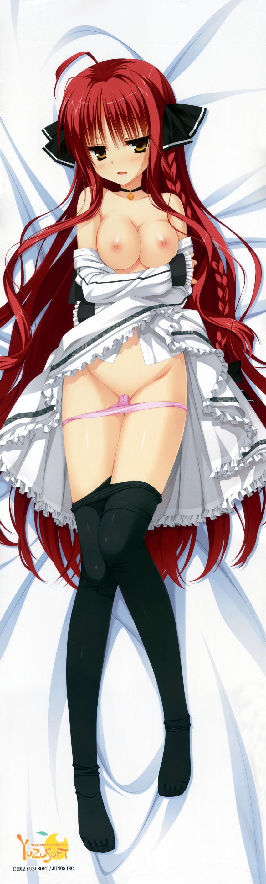 1girls ahoge bare_shoulders black_legwear blush braid breast_hold breasts brown_eyes choker cleavage dakimakura dracu-riot! dress dress_lift feet female high_resolution huge_filesize long_hair lying mound_of_venus muririn nipples no_bra no_shoes off_shoulder open_mouth panties panty_pull pantyhose pantyhose_pull pink_panties red_hair scan side_braid sleeves_past_wrists solo sweatdrop toes underwear very_long_hair yarai_miu