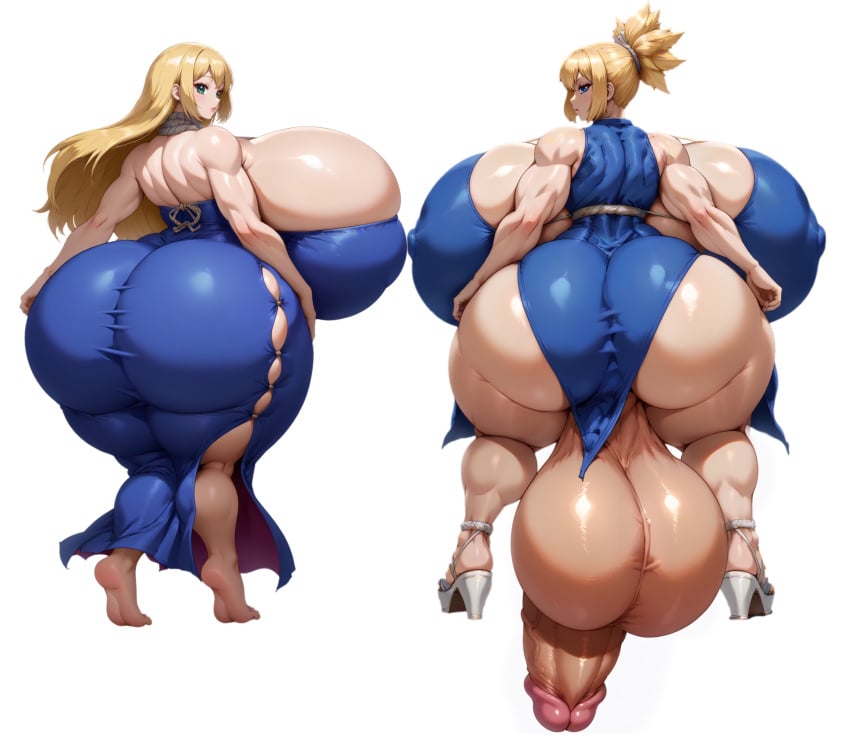 1futa ai_generated ass big_ass big_balls big_breasts big_penis blonde_hair blue_dress dr.stone female futanari huge_ass huge_balls huge_breasts huge_cock hyper hyper_ass hyper_balls hyper_breasts hyper_penis kohaku_(dr.stone) muscular_female penis ruri_(dr.stone) sandals sisters tight_clothing