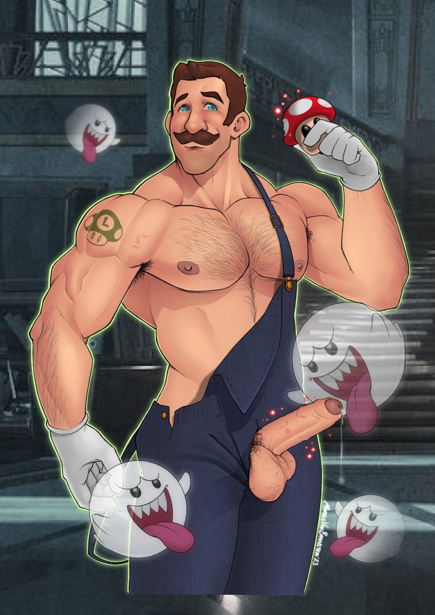 1boy arm_hair armpit_hair balls ballsack blue_eyes blue_overalls body_hair boo_(mario) brown_hair chest_hair erection facial_hair genitals ghost gloves human human_only indoors luigi luigi&#039;s_mansion male male_nipples male_only manly mario_(series) markus_von_braunstein masculine mature_male moustache muscular muscular_male mushroom nintendo nipples open_mouth overalls penis pubic_hair solo solo_male tattoo tongue tongue_out