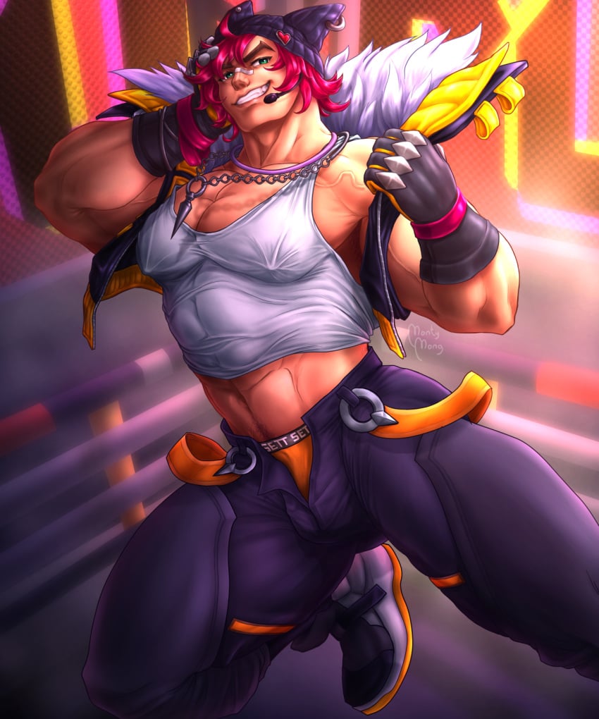 clothed erect_nipples_under_clothes gay green_eyes heartsteel_series heartsteel_sett league_of_legends male male_only montymong muscular_male sett visible_underwear