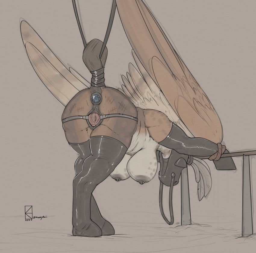 ass avian bondage bondage bound breasts feathers genitals gimp_suit hi_res horse_tail kazzyboii plumage presenting presenting_hindquarters presenting_pussy pussy railing wings