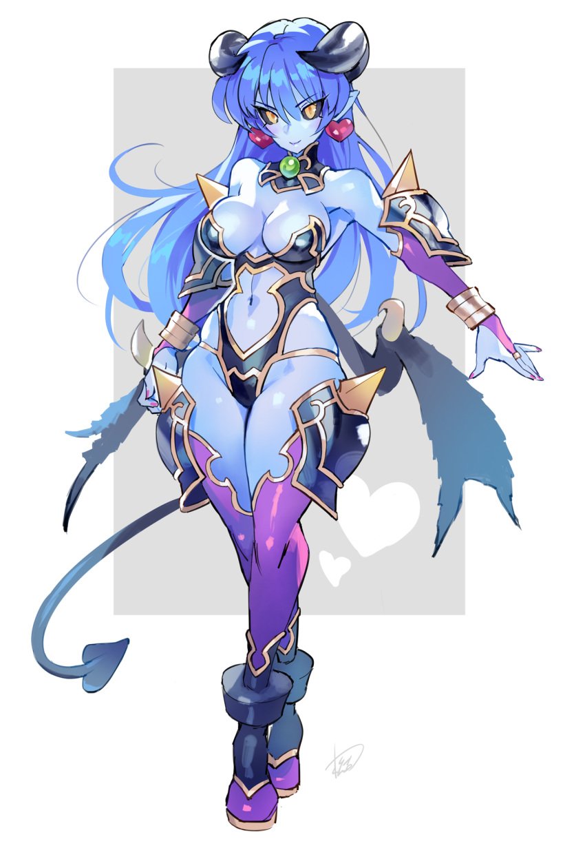 1girls 2023 astaroth_(shinrabanshou) black_sclera blue_body blue_hair demon demon_girl demon_horns demon_tail demon_wings earrings female female_only full_body heart_earrings hi_res horns long_hair looking_at_viewer matsuda_(matsukichi) pointy_ears revealing_clothes shinrabanshou smiling smiling_at_viewer solo tail wings yellow_eyes