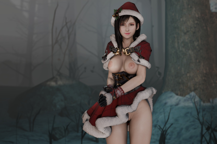 3d areolae bare_breasts blender brown_hair christmas_clothing christmas_hat enigmaj final_fantasy final_fantasy_vii final_fantasy_vii_remake forest gloves light-skinned_female looking_at_viewer nipples no_panties skirt snow tifa_lockhart topless topless_female