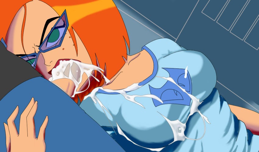 1boy 1girls 2d angry ben_10 ben_10_omniverse blowjob cum_in_mouth cum_on_clothes determined female freckles freckles_on_face full_color fully_clothed glasses grabbing_thigh green_eyes gwen_tennyson gwen_tennyson_(omniverse) lipstick male megaace oral partial_male penis red_hair t-shirt throatpie