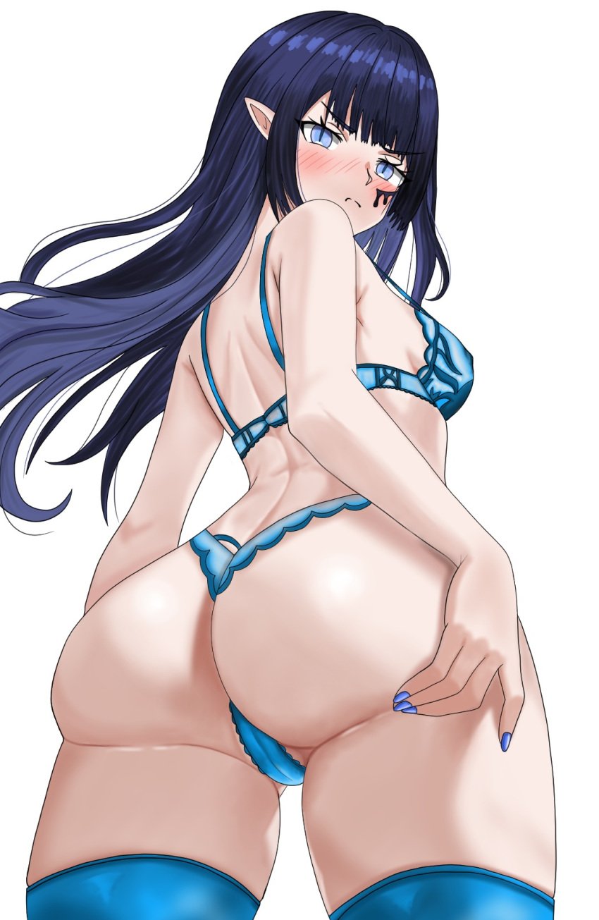 1girls :( ass blue_bra blue_eyes blue_hair blue_nails blue_panties blush bra breasts butt clothing embarrassed female female_only light-skinned_female light_skin lingerie lingerie_only long_hair looking_at_viewer lunalia matching_underwear monster_girl nose_blush panties pointy_ears rem_kanashibari sleep_paralysis_demon solo v4mirai virtual_youtuber wide_hips xivanramirezx