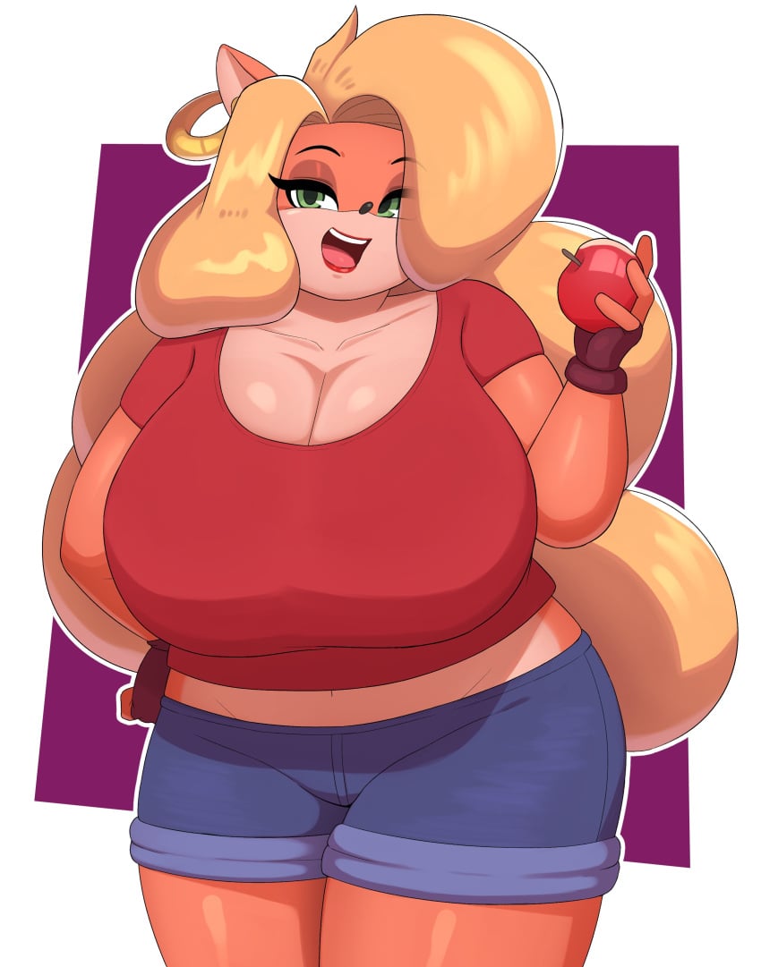 apple bandicoot bbw belly_button blonde_hair braffy breasts chubby_anthro cleavage clothed_female cowboy_shot crash_(series) ear earrings gloves huge_breasts hyper_breasts lipstick looking_at_viewer marsupial open_mouth pac-man_eyes short_jeans showing_belly tawna_bandicoot teeth