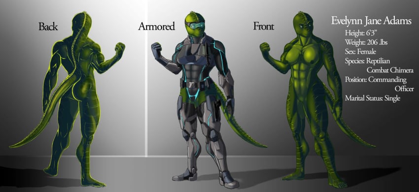 2013 abs armor ass back_view belt biceps boots breasts clothing eyewear female front_view goggles gun handgun knife model_sheet muscles muscular_female nipples nude pistol pogiforce pouches pussy ranged_weapon reptile scalie skimpy weapon