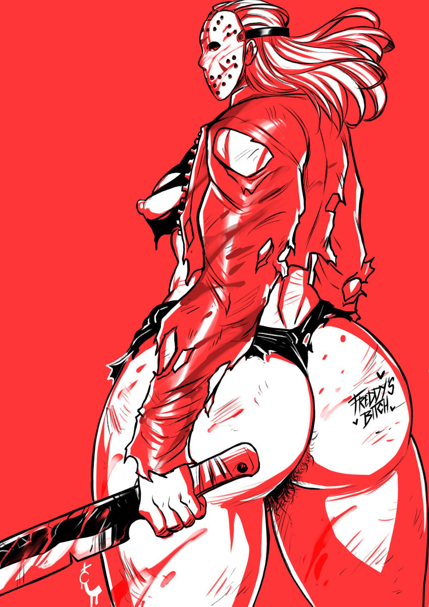 1girls ass big_ass breasts female female_only friday_the_13th genderswap_(mtf) hairy_pussy hockey_mask jason_voorhees long_hair machete mask nipples pubic_hair red_background rule_63 scratches solo text thick_ass thick_thighs torn_clothes turtlechan very_high_resolution weapon writing_on_ass