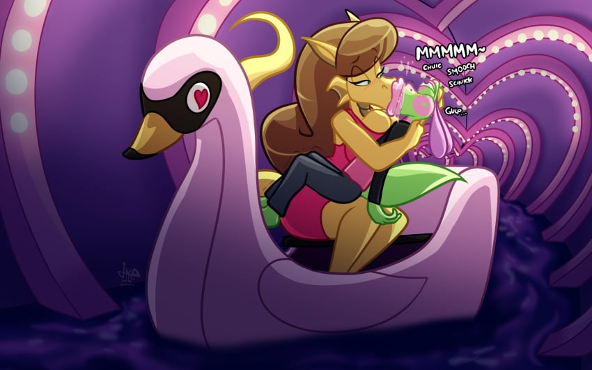 anthro anthro_on_anthro brown_hair canoe couple date dragon dragon_girl dragon_tail female green_eyes jamearts jimmy_(jamearts) kiss_mark kissing kissing lights lipstick lipstick_mark lizard lizardman male mwah pink_lipstick rebecca_(jamearts) reptile river saliva sitting_on_lap size_difference smooch student swan teacher teacher_and_student tunnel tunnel_of_love water