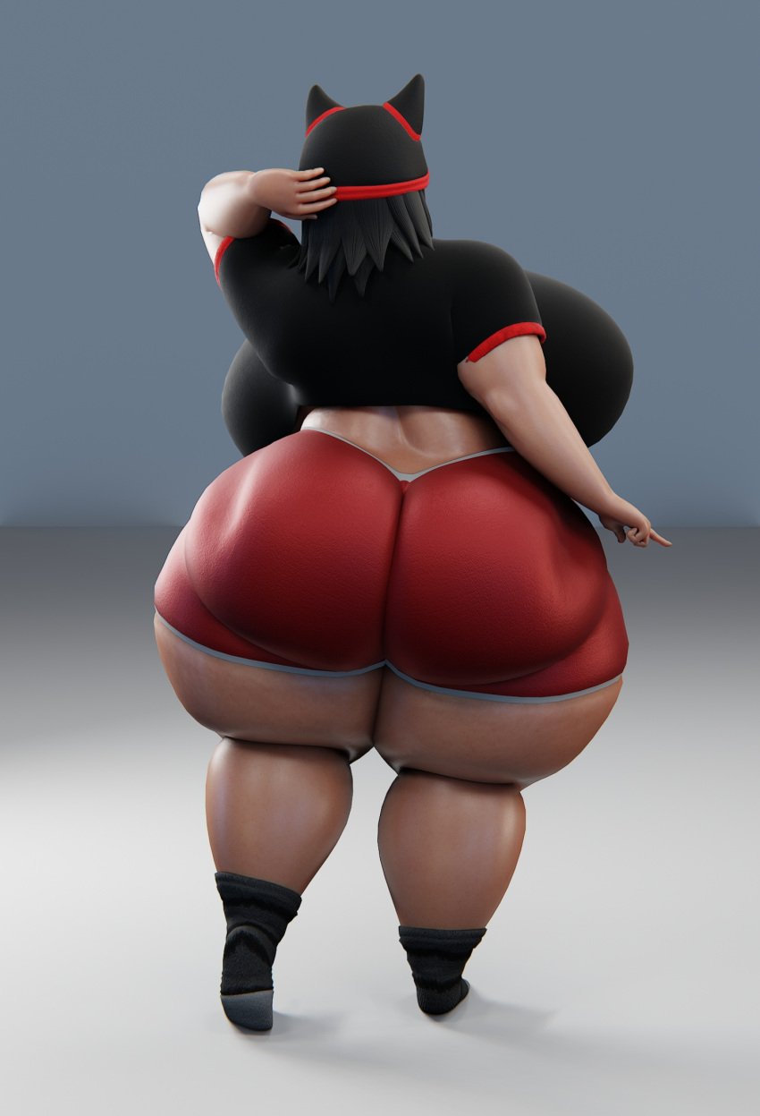 3d back_view bbw bonkshonk cat_ears cathrine_(bonkshonk) cghonk fat huge_ass huge_belly huge_breasts shorts simple_background stretch_marks thick_thighs torn_clothes treasure_trail wide_hips