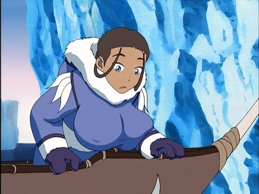 1girls alternate_breast_size avatar_legends avatar_the_last_airbender blue_eyes breasts brown_hair dark-skinned_female dark_skin female female_only hair_loopies inuit katara large_breasts screencap screenshot screenshot_edit solo water_tribe