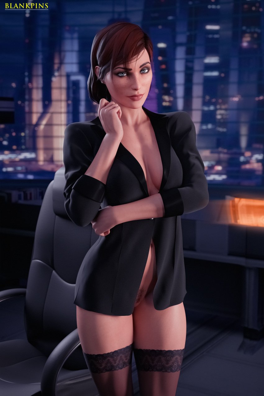 3d athletic athletic_female big_breasts blankpins bottomless city_background cleavage commander_shepard female_only femshep fit_female human jacket light_skin light_skinned_female looking_at_viewer mass_effect muscular_female night nude_female office office_chair office_clothing office_lady pubic_hair pussy red_hair sci-fi slutty_outfit toned toned_female