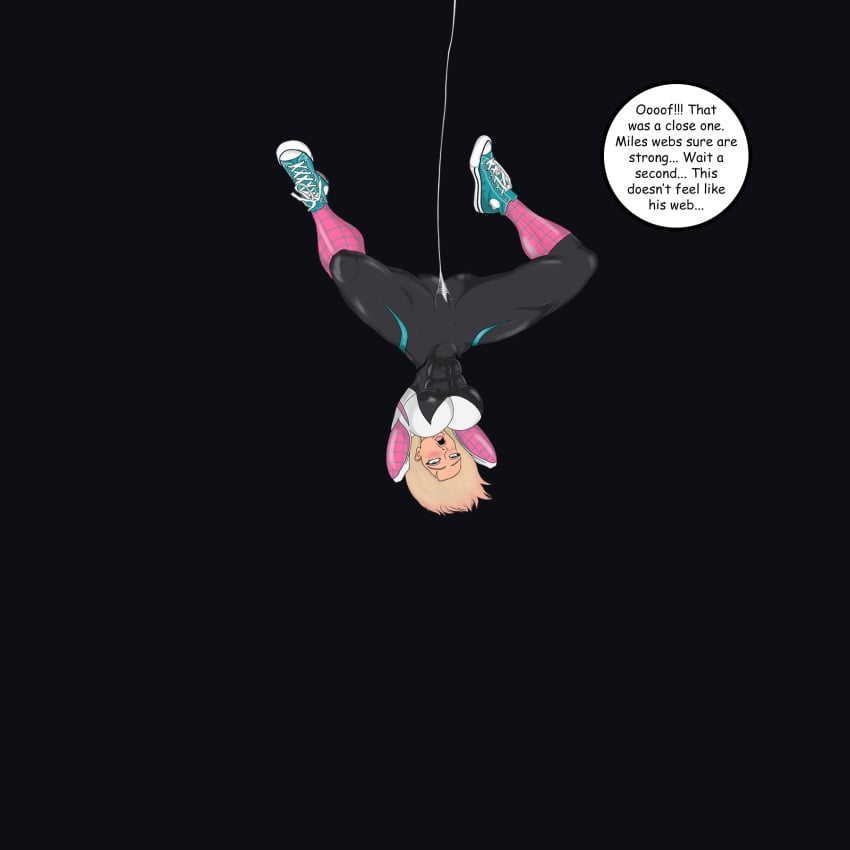 chuckshentai comic comic_page converse english female gwen_stacy implied_cum implied_cum_inside lifted_by_another marvel marvel_comics miles_morales sneakers spider-gwen spider-man_(series) spider_web suspension thought_bubble upside-down