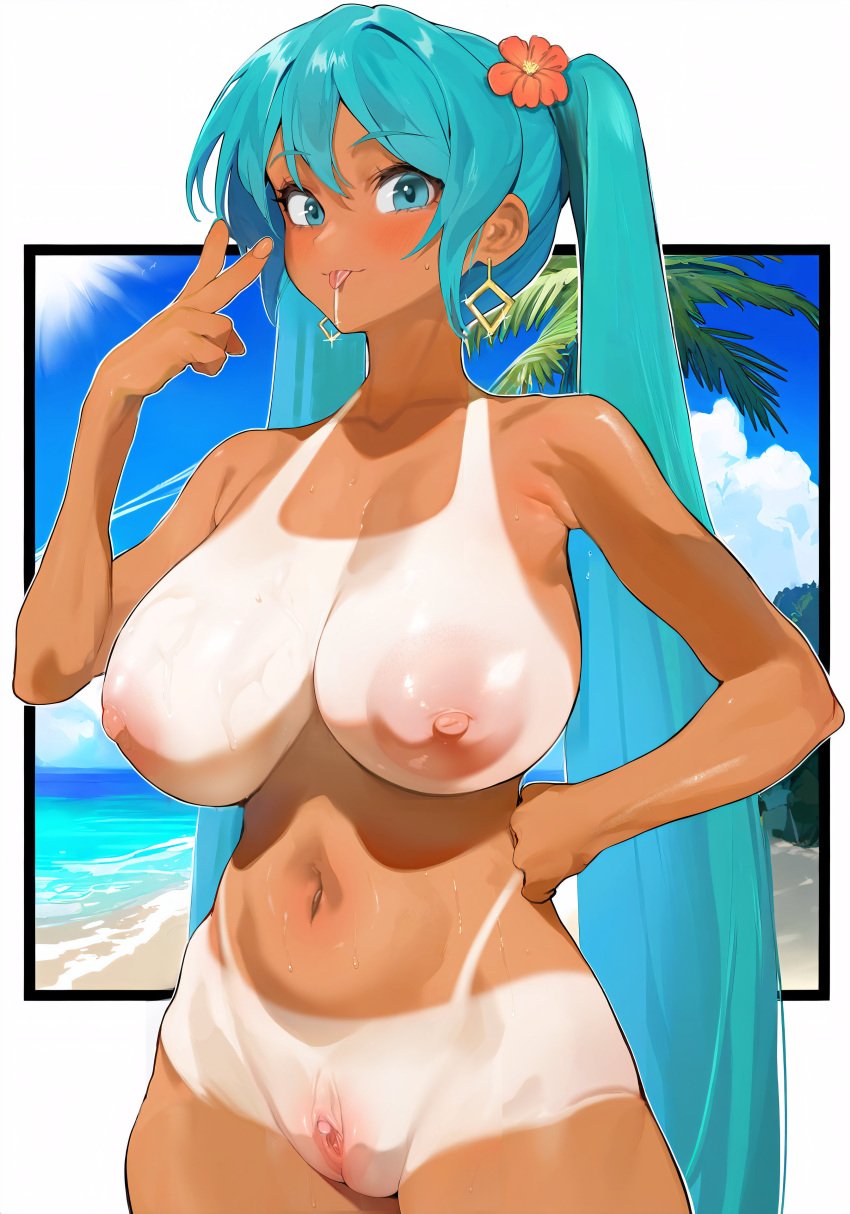 absurdres aqua_eyes aqua_hair artist_request brazil brazilian brazilian_female brazilian_miku breasts completely_nude covered_nipples earrings female flower hair_between_eyes hair_flower hair_ornament hand_on_own_hip hatsune_miku highres huge_breasts jewelry large_breasts latin_american_hatsune_miku_(meme) light_particles long_hair looking_at_viewer mousekkk navel nude pussy sidelocks smile solo stomach suntan sweat sweatdrop tan tanline tanlines thighs tongue tongue_out twintails uncensored v vocaloid