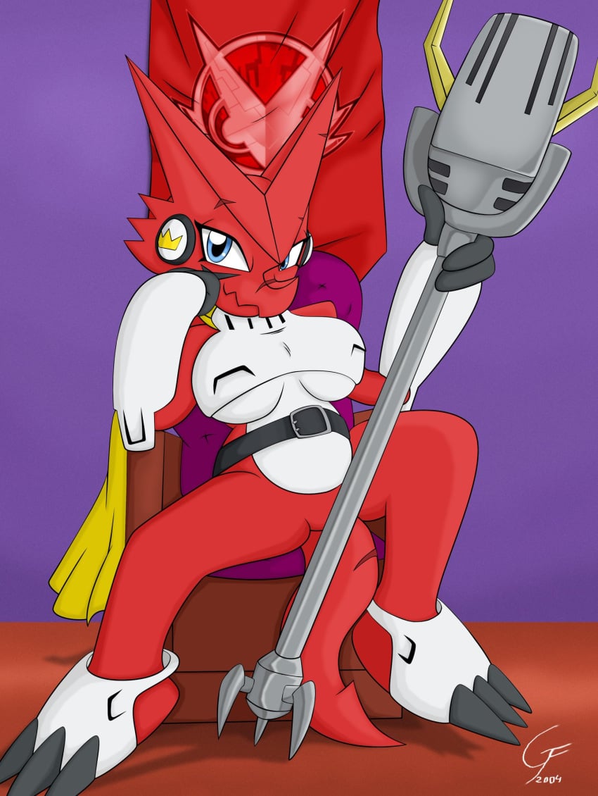 blue_eyes breasts digimon digimon_(species) digimon_xros_wars female red_body rule_63 shoutmon smile throne