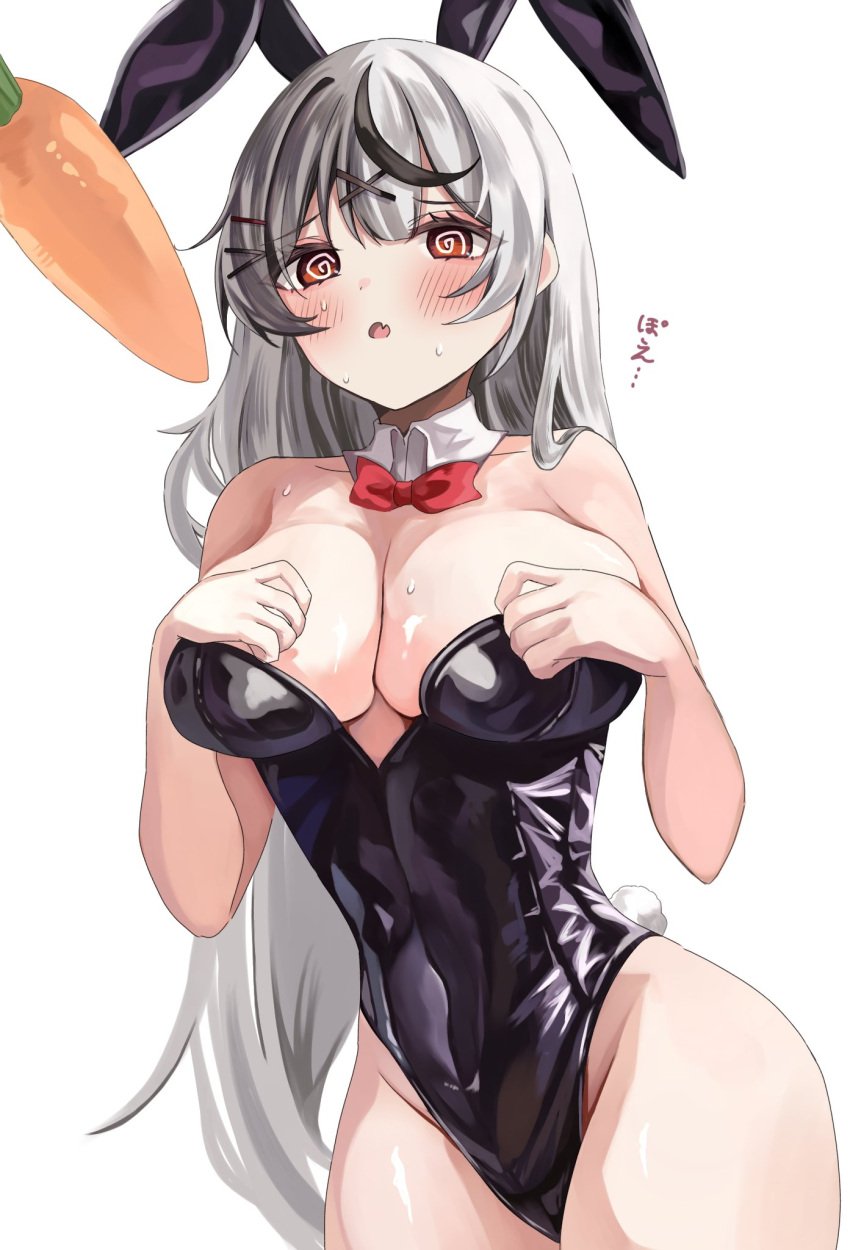 1girls @_@ black_hair blush bowtie breasts bunnysuit carrot clothed clothing fake_animal_ears fake_rabbit_ears fake_tail female female_only hololive hololive_japan holox huge_breasts japanese_text light-skinned_female light_skin red_bowtie red_eyes sakamata_chloe shezue_(pkmnhnars) solo text two_tone_hair vegetable virtual_youtuber