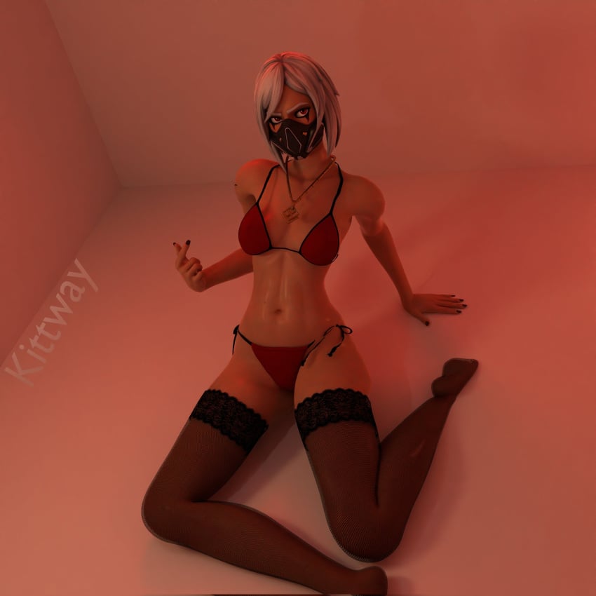 bikini bikini_bottom bikini_top blush blush clothed clothed_female clothing come_here female female_only fortnite fully_clothed fully_clothed_female hush_(fortnite) kitway looking_at_viewer mask masked masked_female necklace oil oiled oiled_skin pinup shiny shiny_skin skimpy skimpy_clothes solo solo_female thighhighs