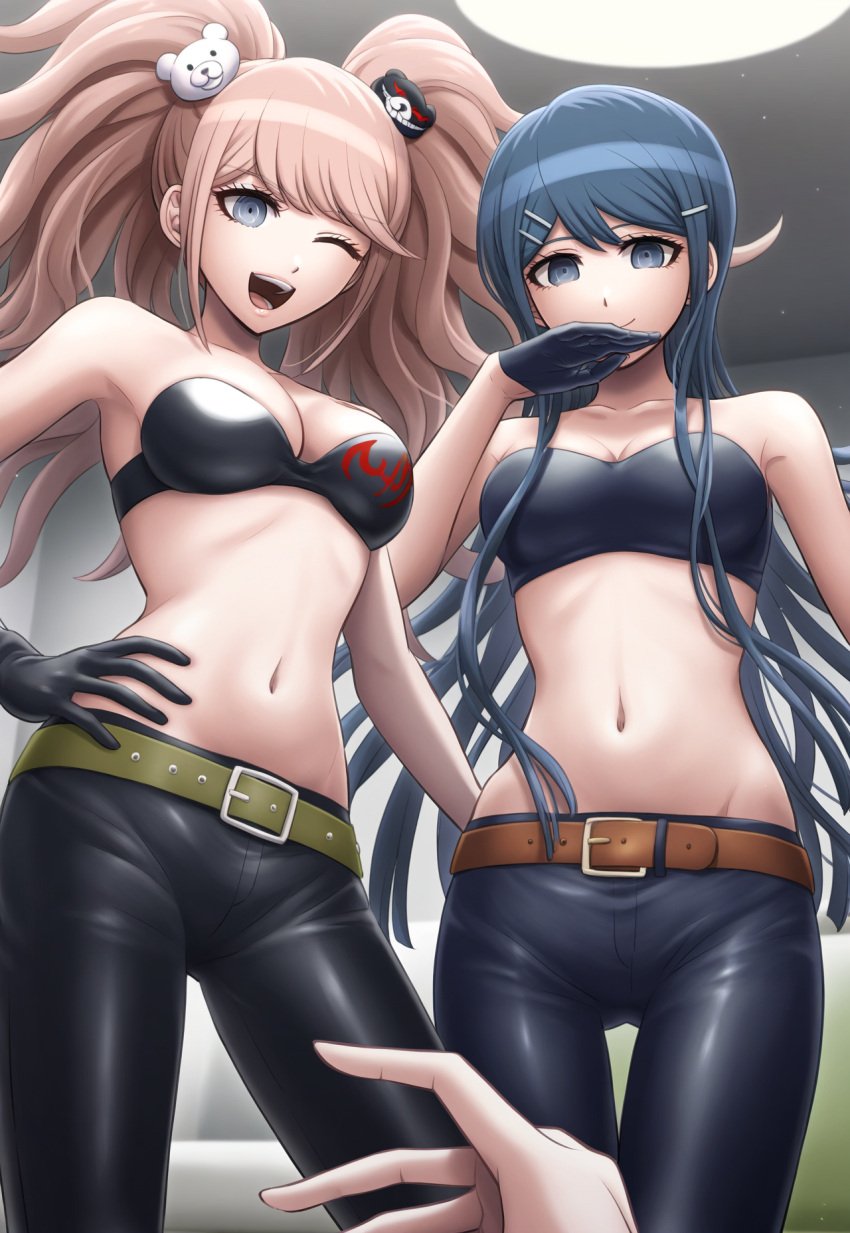 1boy 2girls :d ;d ai_generated bare_shoulders belt big_breasts black_gloves black_pants black_strapless danganronpa danganronpa:_trigger_happy_havoc from_below giggle gloves hand_on_another's_ass hand_on_hip hand_on_mouth hands_pov highres junko_enoshima looking_at_viewer maizono_sayaka midriff naegi_makoto nai_diffusion one_eye_closed pov smile stable_diffusion standing strapless wink winking_at_viewer