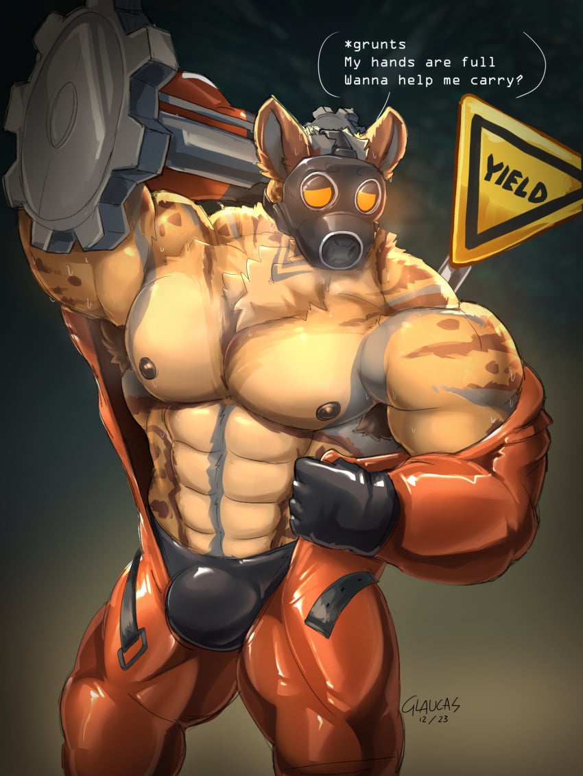 2023 abs anthro barazoku bedroom_eyes biceps big_muscles biped brown_body brown_fur clothing fur furry furry_male gas_mask glaucablitz gloves handwear hi_res hyena latex latex_clothing latex_gloves latex_handwear lethal_company looking_at_viewer male mammal mask muscular muscular_anthro muscular_male narrowed_eyes pecs seductive solo talking_to_viewer