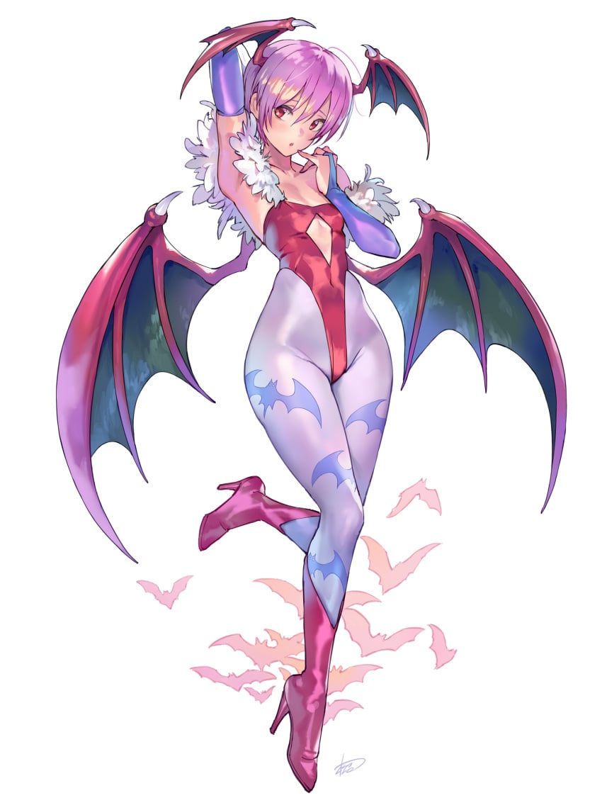 2024 animal_print arm_behind_head bare_shoulders bat_print blue_pantyhose boots breasts capcom center_opening covered_navel curious darkstalkers demon_girl demon_wings female female female_only full_body groin hand_up head_wings hi_res high_heel_boots high_heels highleg highleg_leotard highres hip_focus leotard lilith_aensland looking_at_viewer matsuda_(matsukichi) pantyhose pink_hair red_eyes short_hair small_breasts solo standing standing_on_one_leg staring strapless strapless_leotard succubus succubus_wings white_background wings