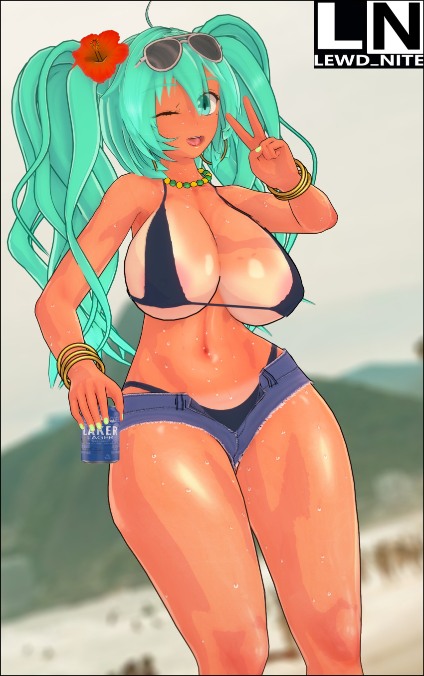 1girls beach beer_can blurry_background brazil brazilian brazilian_female brazilian_miku hatsune_miku latin_american_hatsune_miku_(meme) lewd_nite peace_sign smiling tagme teal_hair vocaloid wink