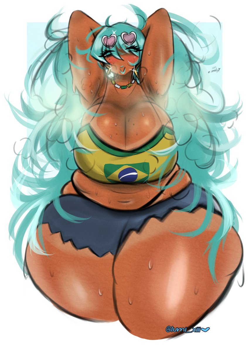 1girls armpit_fetish armpits arms_behind_back arms_behind_head arms_up ass bbw big_ass big_breasts big_thighs blue_lipstick brazil brazilian brazilian_female brazilian_flag brazilian_miku breasts butt chubby cleavage cowboy_shot cutoffs cyan_eyes cyan_hair earrings female female_only gigantic_ass gigantic_breasts gigantic_thighs hands_behind_head hatsune_miku huge_ass huge_breasts huge_thighs jewelry latin_american_hatsune_miku_(meme) lipstick long_hair looking_at_viewer lumi_xiii musk musky musky_armpit necklace no_bra open_mouth plump shirt shorts smelly smiling solo steamy steamy_armpits sunglasses sunglasses_on_head sweat sweatdrop sweating sweaty sweaty_armpits sweaty_body sweaty_breasts sweaty_thighs tagme tan tan_body tan_lines tank_top thick_hips thick_thighs thighs thong twintails vocaloid yellow_shirt