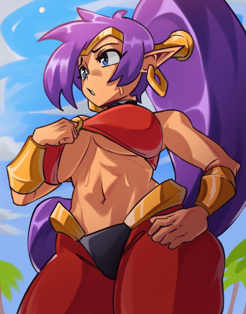 1girls absurdres arabian_clothes big_breasts big_hair blue_eyes bracer breasts dancer dark-skinned_female dark_skin earrings female genie harem_pants highres hoop_earrings hot jewelry large_breasts looking_at_viewer midriff moxydrawsmore navel o-ring o-ring_top pants pointy_ears purple_hair shantae shantae_(character) smile solo sweating sweaty tagme tiara