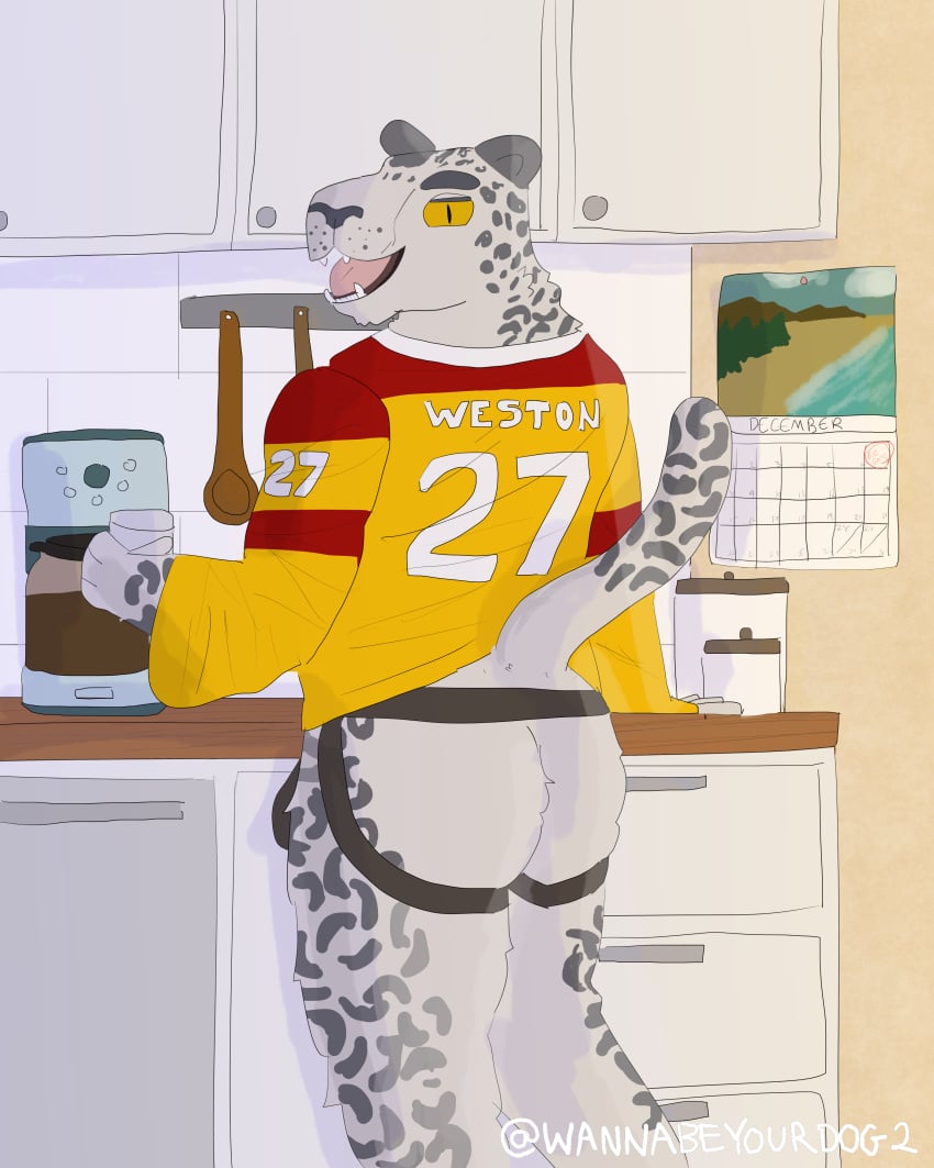 absurd_res anthro appliance ass athletic athletic_anthro athletic_male athletic_wear beverage bottomwear bulge calendar clothed clothing clothing_lift coffee coffee_maker container cup cutlery detailed_background felid fur hi_res hockey_jersey holding_object inside jar jersey jockstrap kitchen kitchen_appliance kitchen_counter kitchen_utensils looking_at_viewer looking_back male mammal markings number number_on_jersey open_mouth open_smile pantherine presenting presenting_hindquarters print_clothing print_topwear raised_tail scooter_(wannabeyourdog2) shirt smile snow_leopard solo spoon spots spotted_body spotted_fur story story_in_description tail teeth thick_thighs tongue tools topwear underwear wall_(structure) wannabeyourdog2 yellow_eyes