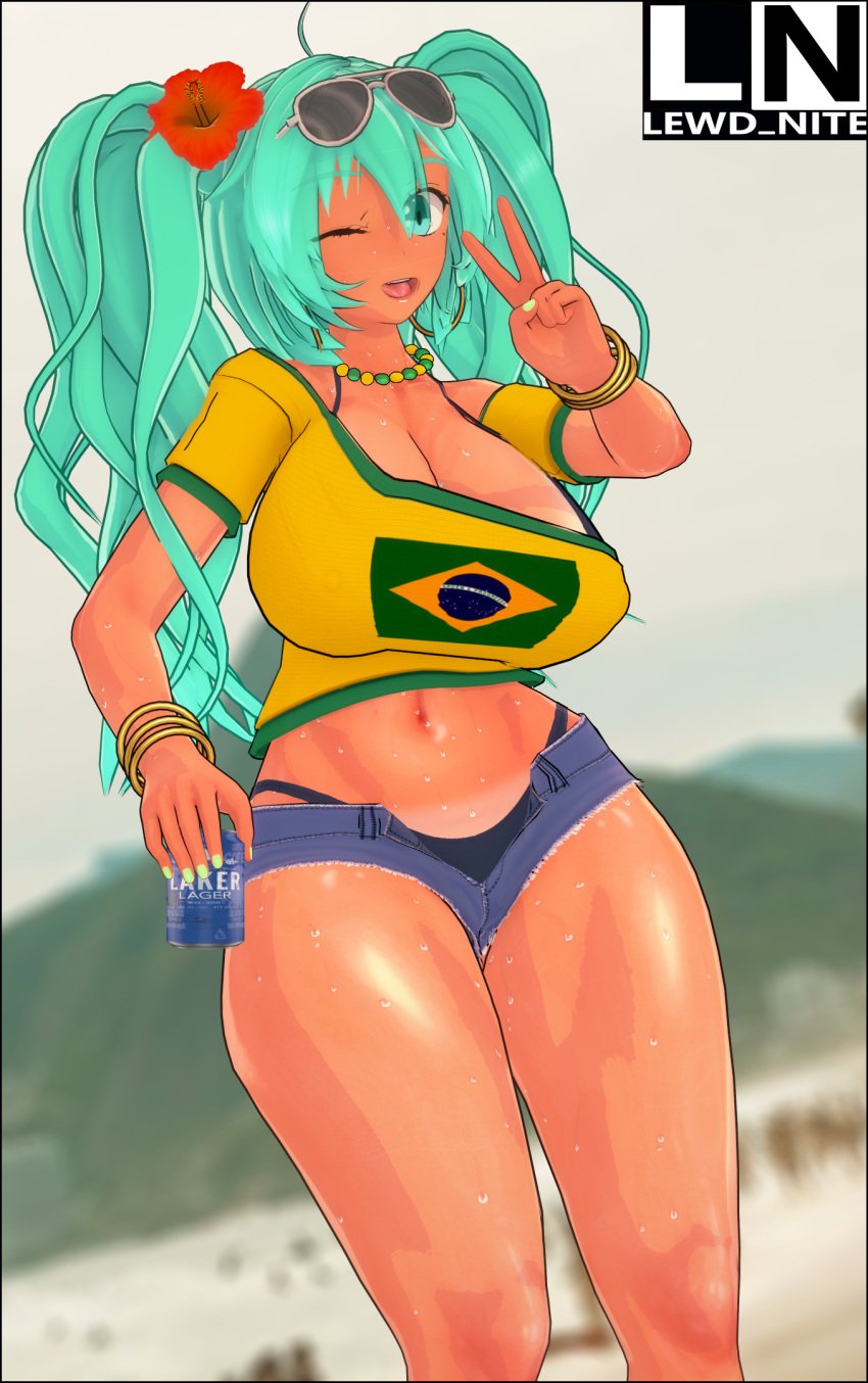 1girls beach beer_can blurry_background brazil brazilian brazilian_female brazilian_miku hatsune_miku latin_american_hatsune_miku_(meme) lewd_nite peace_sign smiling tagme teal_hair vocaloid wink