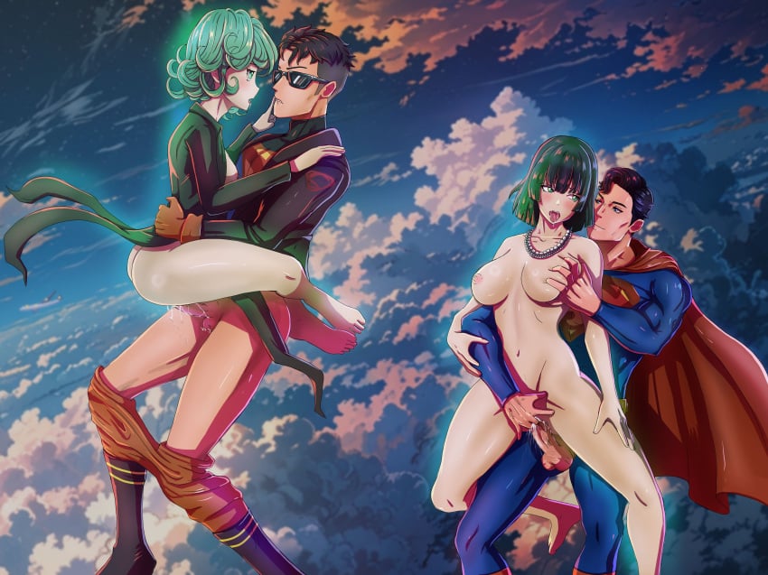 2boys 2girls clark_kent conner_kent cowgirl_position crossover cum cum_in_pussy cum_shot cum_splatter dc dc_comics eastern_and_western_character esper_sisters feet female fingering flying flying_sex foursome fubuki_(one-punch_man) green_eyes green_hair in_the_air kal-el kon-el large_breasts legs_wrapped_around_partner male multiple_boys multiple_girls one-punch_man pants_down pants_pulled_down partially_clothed ripped_clothing saliva sex sky small_breasts superboy superboy_(conner_kent) superman superman_(series) tatsumaki teasing tongue tongue_out