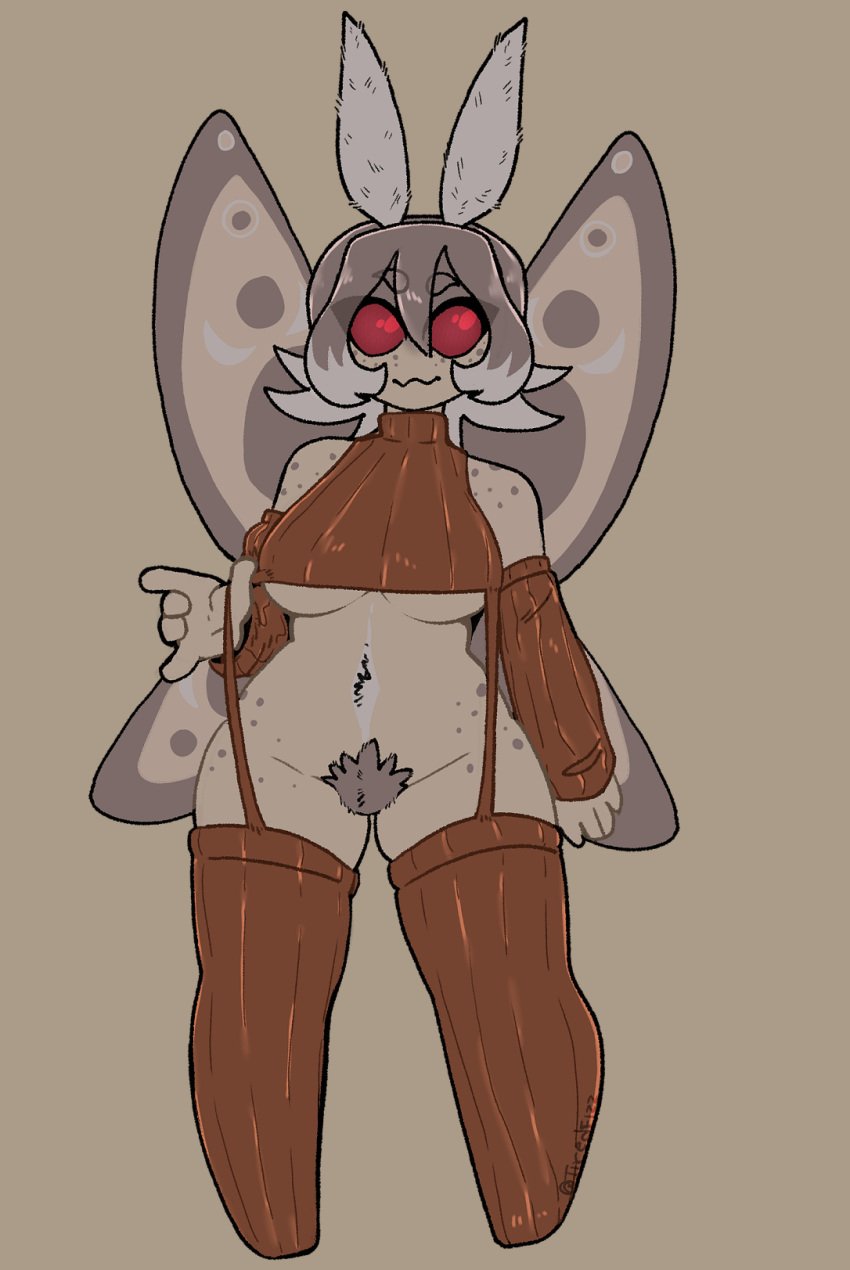 antennae_(anatomy) anthro arm_warmers armwear arthropod breasts clothed clothing cropped_sweater female fur grey_background grey_body grey_fur grey_hair hair harper_(tiredfizz) hi_res insect_wings insects legwear lepidopteran looking_at_viewer moth navel no_underwear pubes pussy_exposed red_eyes simple_background solo standing thigh_highs tiredfizz under_boob wings