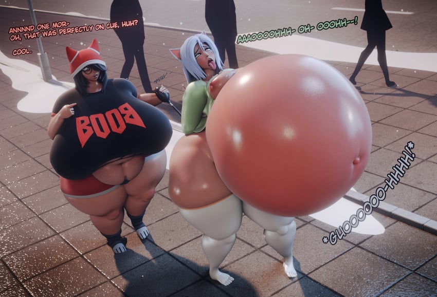 2girls 3d about_to_burst air_inflation annoyed bbw belly_inflation bonkshonk bottom_heavy cassia_(bonkshonk) cat_ears cathrine_(bonkshonk) cghonk embarrassed exposed_breasts eyes_rolling_back fat huge_ass huge_belly huge_breasts huge_nipples overweight public_humiliation ready_to_pop shorts snow stretch_marks thighhighs tongue_out treasure_trail