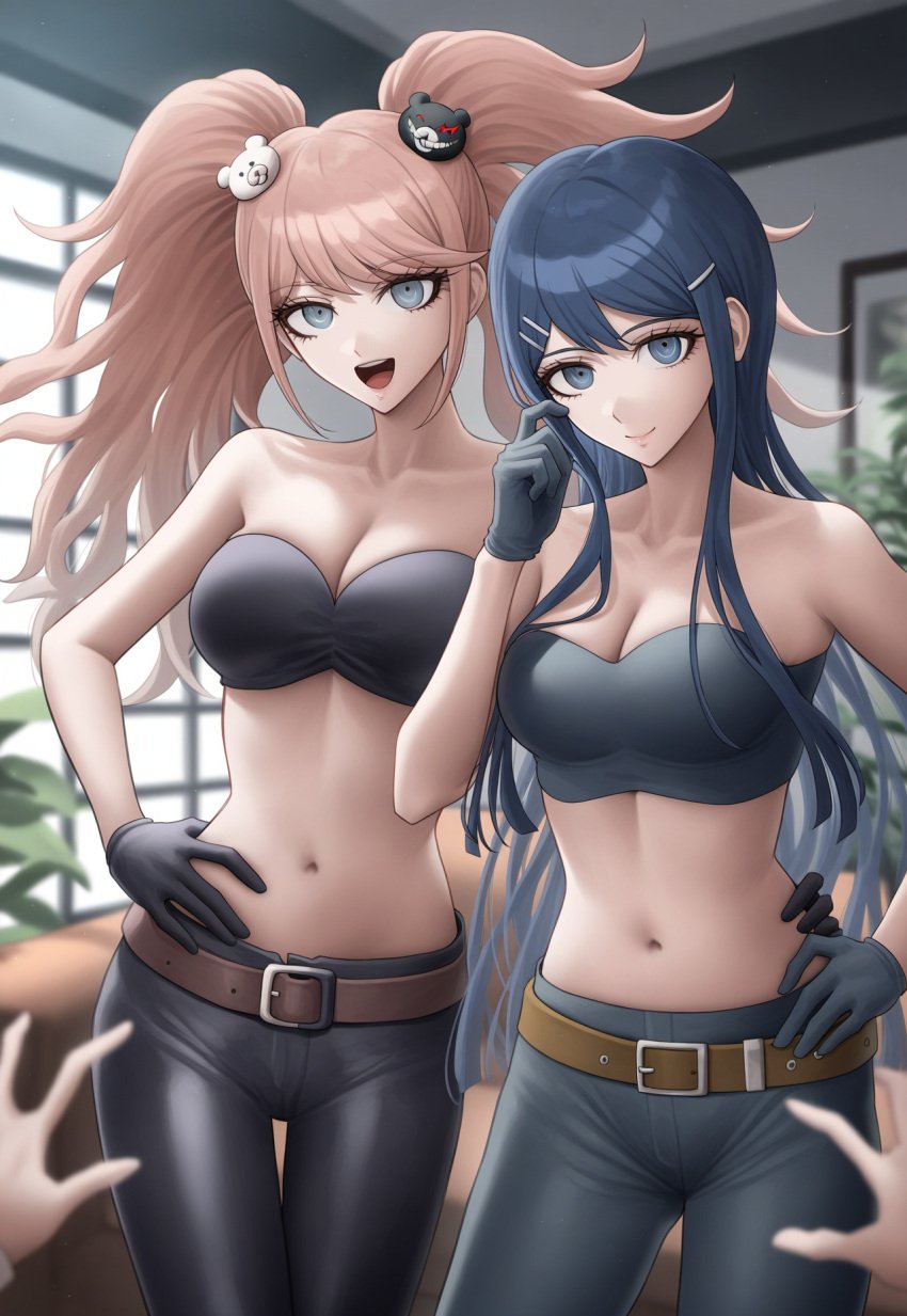 1boy 2girls :d ai_generated bare_shoulders belt big_breasts black_gloves black_pants black_strapless danganronpa danganronpa:_trigger_happy_havoc gloves hand_on_another's_hip hand_on_hip hands_pov highres junko_enoshima looking_at_viewer maizono_sayaka midriff naegi_makoto nai_diffusion pov smile stable_diffusion standing strapless trembling