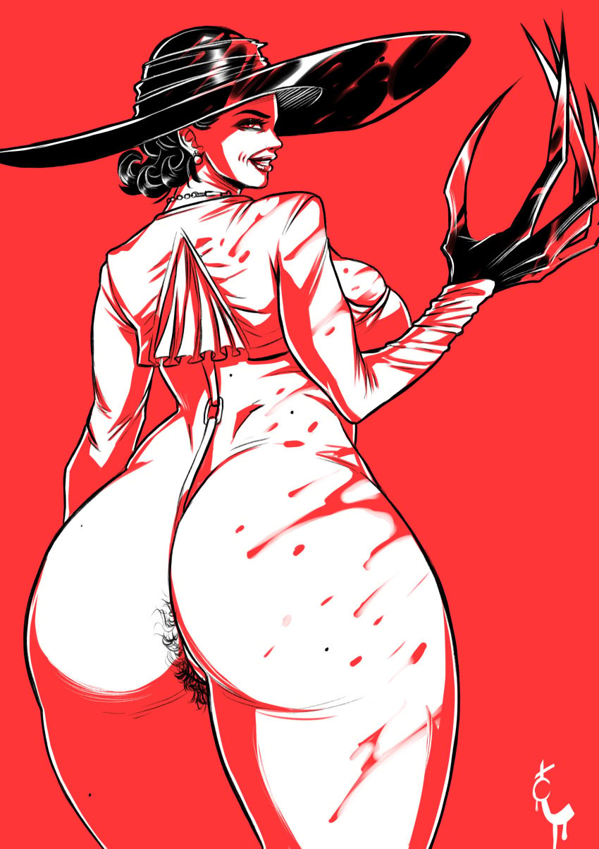 1girls alcina_dimitrescu ass big_ass black_hair blood bottomless capcom clawed_fingers claws fat_ass female female_only hat large_hat long_claws looking_at_viewer looking_back looking_back_at_viewer mature_female milf mommy mommy_dom mommy_kink mostly_nude narrowed_eyes older_female pubic_hair rear_view red_background resident_evil resident_evil_8:_village smiling smiling_at_viewer solo thick_ass thick_thighs turtlechan very_high_resolution