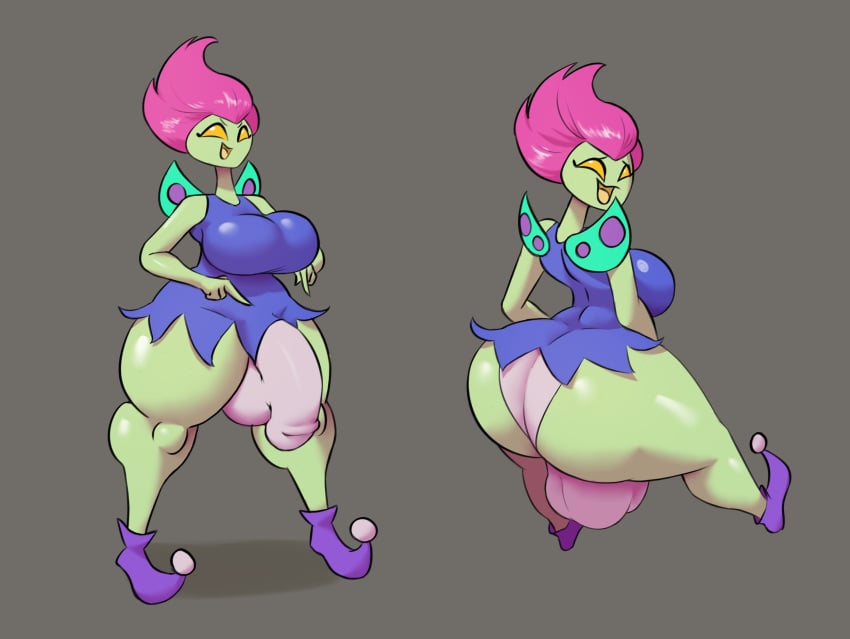 alien anthro balls ben_10 breasts bulge cartoon_network clothing dress footwear genitals green_body gynomorph hair hi_res intersex jovi_cap nemuina penis pink_hair shoes solo thick_thighs wings yellow_eyes