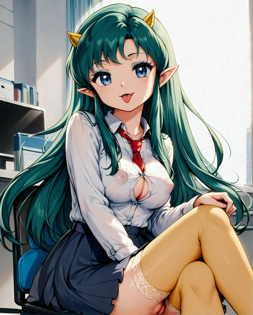 ai_generated blouse blue_eyes breasts crossed_legs eyeshadow fangs green_hair horns huge_nipples looking_at_viewer lum nipples office office_lady pointy_ears pussy seaart.ai skirt tongue_out urusei_yatsura yellow_stockings