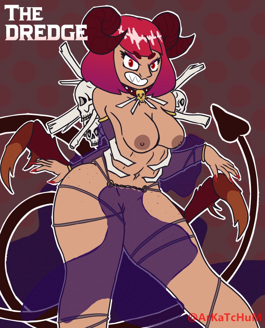 abs arkatchum big_breasts chocker collar cosplay dbd dead_by_daylight demon demon_girl demon_horns demon_tail exposed_breasts exposed_pussy horns karina_(arkatchum) mask muscular muscular_female oc original_character solo solo_female the_dredge thick_thighs