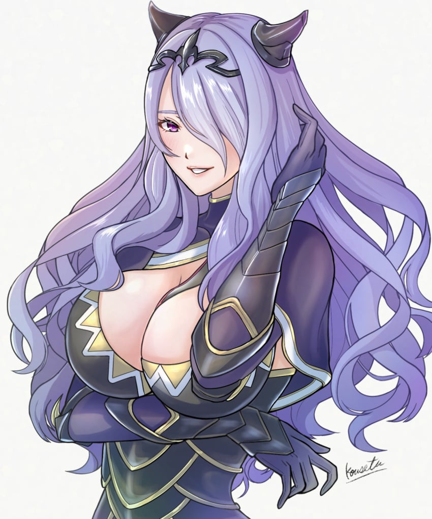 1girls arm_under_breasts armor black_armor black_horns blush breasts camilla_(fire_emblem) cleavage fake_horns female female female_only fire_emblem fire_emblem_fates gauntlets grin hair_ornament hair_over_one_eye highres horns kousetu0506 large_breasts long_hair looking_at_viewer nintendo one_eye_covered pink_eyes purple_hair signature simple_background smile solo wavy_hair white_background