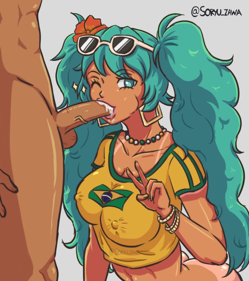 1boy 1girls ass big_ass big_breasts big_thighs blowjob brazil brazilian brazilian_female brazilian_male brazilian_miku breasts brown-skinned_male brown_body brown_skin butt cyan_eyes cyan_hair fellatio female green_hair hatsune_miku latin_american_hatsune_miku_(meme) latina latino latino_male long_hair looking_at_viewer male nipple_bulge oral petite shirt soryu_zawa tagme tan tan_body thick_hips thick_thighs thighs twintails twitter_username vocaloid yellow_shirt