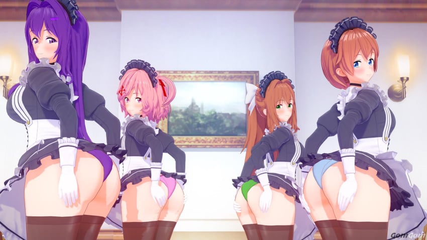 3d 4girls ass ass_focus big_ass blue_eyes brown_hair doki_doki_literature_club female female_only gomgom green_eyes human human_only light-skinned_female light_skin looking_at_viewer maid_uniform monika_(doki_doki_literature_club) multiple_girls natsuki_(doki_doki_literature_club) pink_eyes pink_hair purple_eyes purple_hair sayori_(doki_doki_literature_club) thick_ass thighhighs underwear yuri_(doki_doki_literature_club)